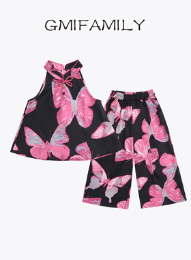 80272女童套装2025夏装新中式蝴蝶印花挂脖无袖上衣儿童两件套