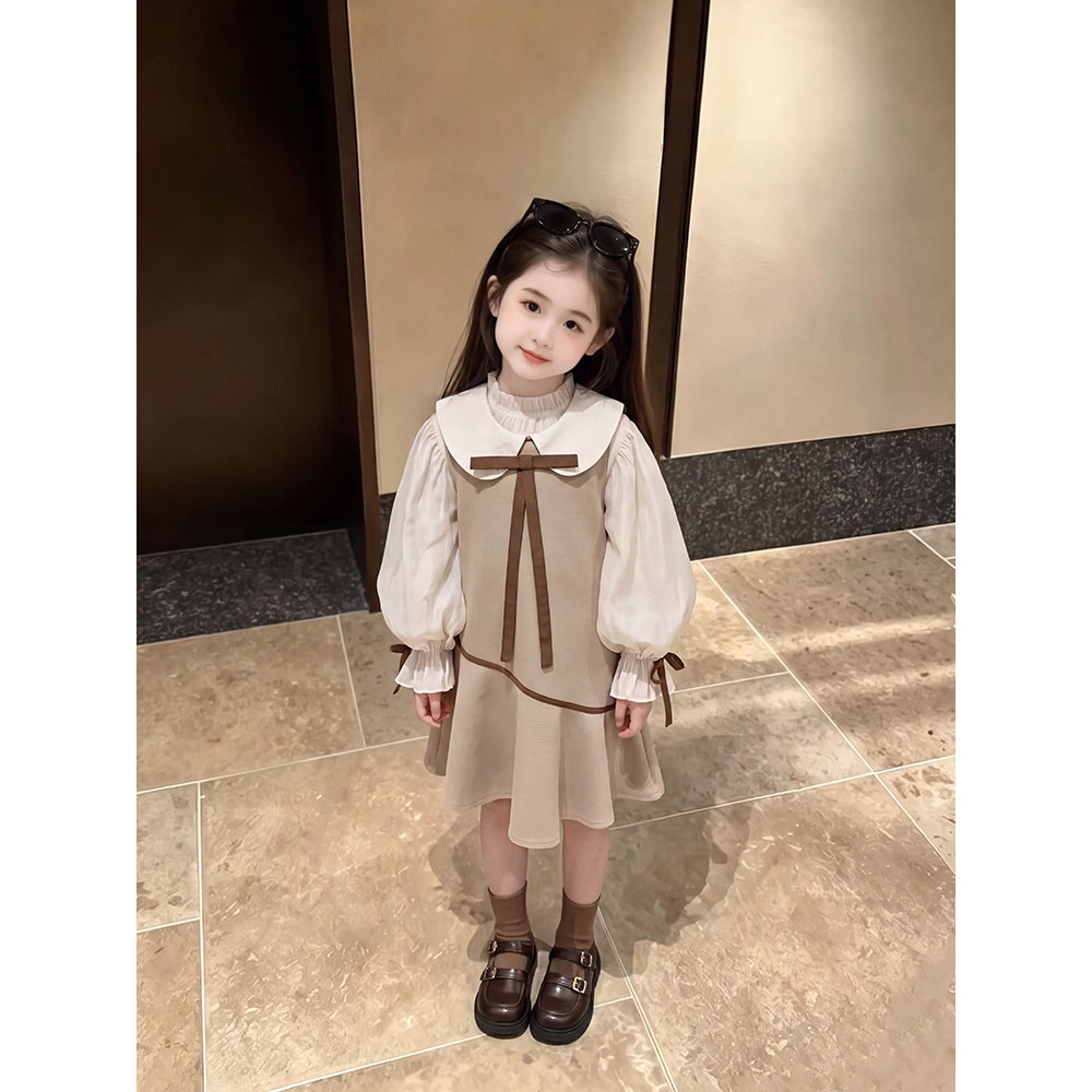 女童连衣裙2026秋季新款学院风背心裙春秋蝴蝶结乖巧上学公主裙图片