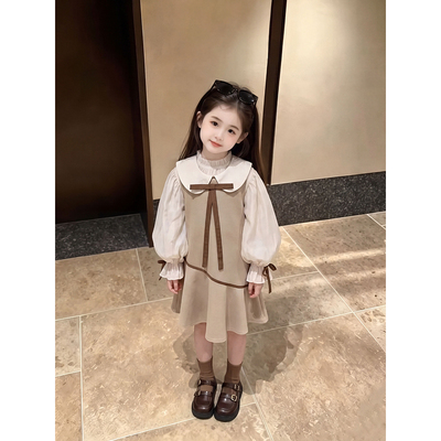 女童连衣裙2026秋季新款学院风背心裙春秋蝴蝶结乖巧上学公主裙