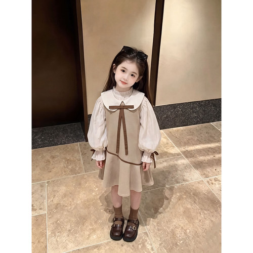 女童连衣裙2026秋季新款学院风背心裙春秋蝴蝶结乖巧上学公主裙