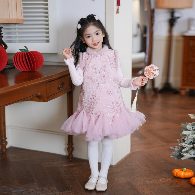 女童连衣裙汉服裙新中式亮片背心裙25年冬季女宝宝周岁礼服公主裙
