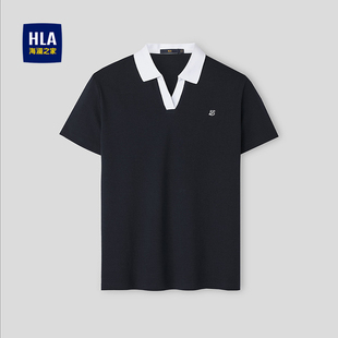 春夏时尚 POLO衫 V领精致绣花弹力藏青上衣女 海澜之家撞色短袖 HLA