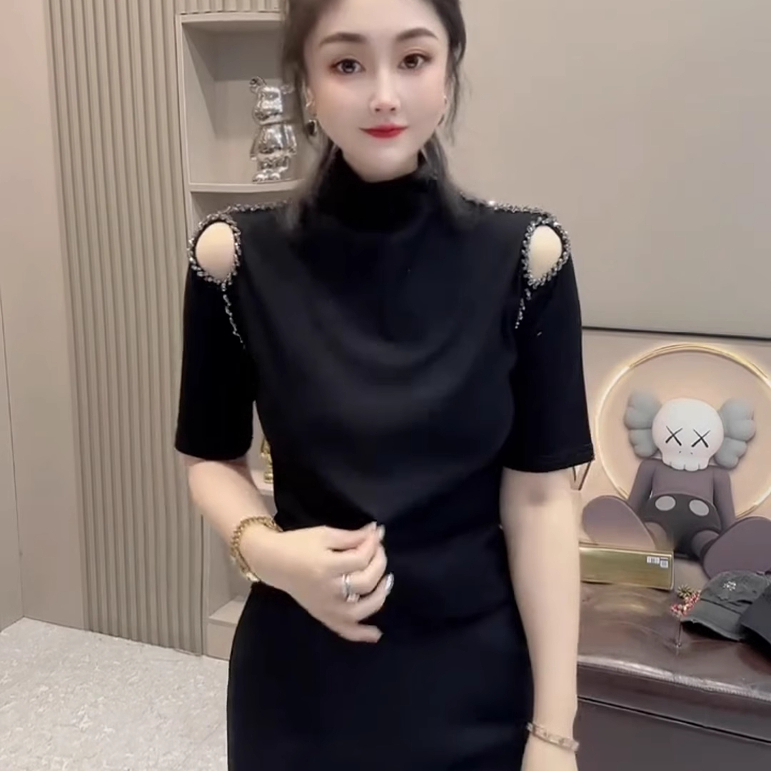 欧货半高领露肩钉珠短袖T恤女