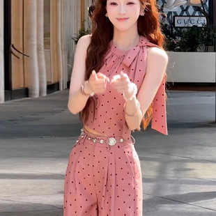 裤 感洋气韩系甜美波点无袖 挂脖上衣衫 女 子套装 新款 2025年夏季 时尚