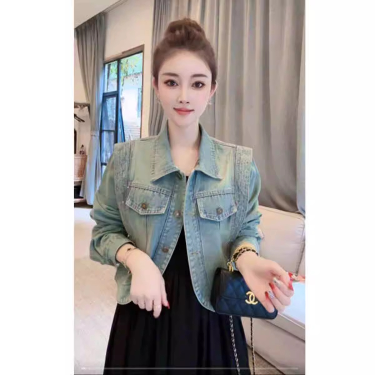 复古POLO领日常长袖外搭女士纯色