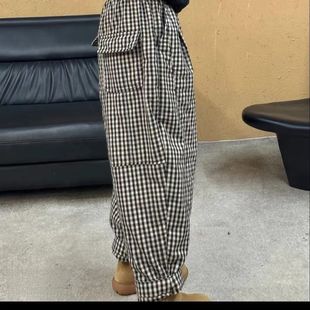 松紧腰夹棉保暖老爹裤 女宽松休闲哈伦裤 复古格子棉裤 2025年冬季