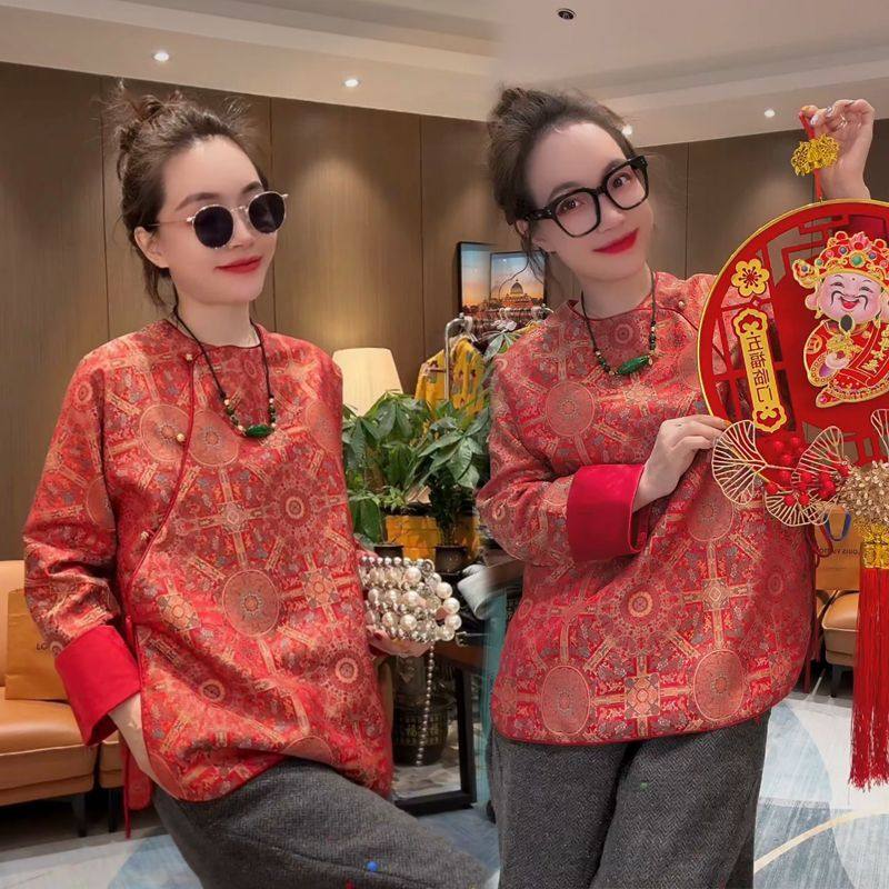 新款中国红色上衣2025新年喜庆红色新中式重工复古提花斜襟国风衫