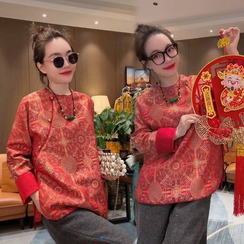 新款中国红色上衣2025新年喜庆红色新中式重工复古提花斜襟国风衫
