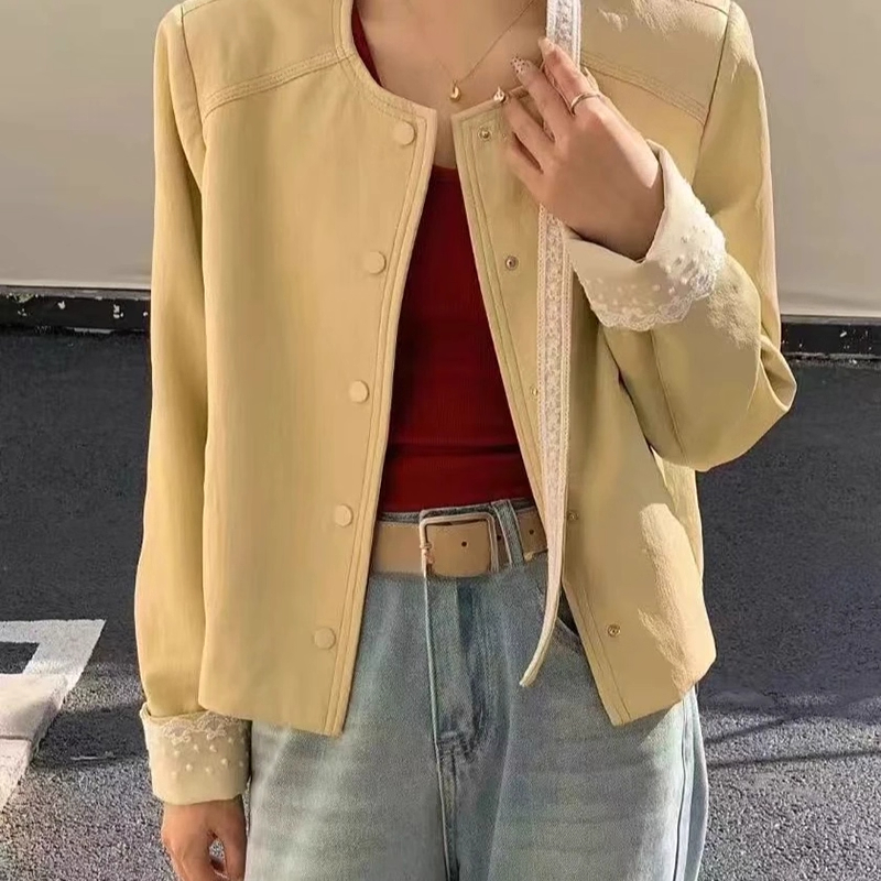 蕾丝飘带拼接糖果色简约外套皮衣女士2025春季高级感时尚百搭上衣