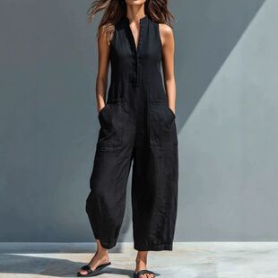 Women summer sleeveless jumpsuit V neck ladies casual pants