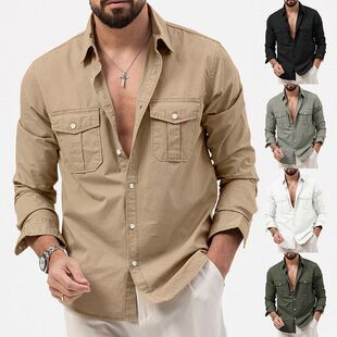 Men long sleeve pocket blouse man youth casual shirt tops