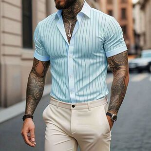 Men summer short sleeve blouse man youth stripe casual shirt