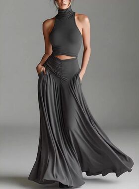 Women summer sexy sleeveless halter dress maxi skirt 2 piece
