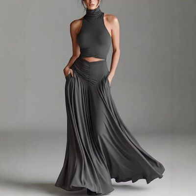 Women summer sexy sleeveless halter dress maxi skirt 2 piece