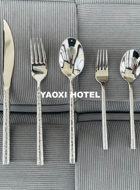 【钻石之柱】锻造锤纹刀叉勺套装304西餐餐具高级感甜品勺水果叉