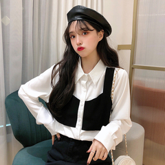 Real auction real price 2020 Korean leisure Long Sleeve Chiffon Shirt Top fake two piece color matching vest shirt fashion