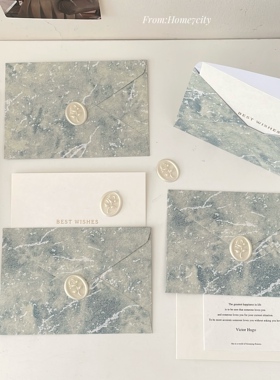 蓝色系鎏金信封贺卡火漆贴套装节日祝福语卡片留言卡手写信高级感
