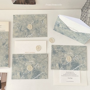 蓝色系鎏金信封贺卡火漆贴套装节日祝福语卡片留言卡手写信高级感