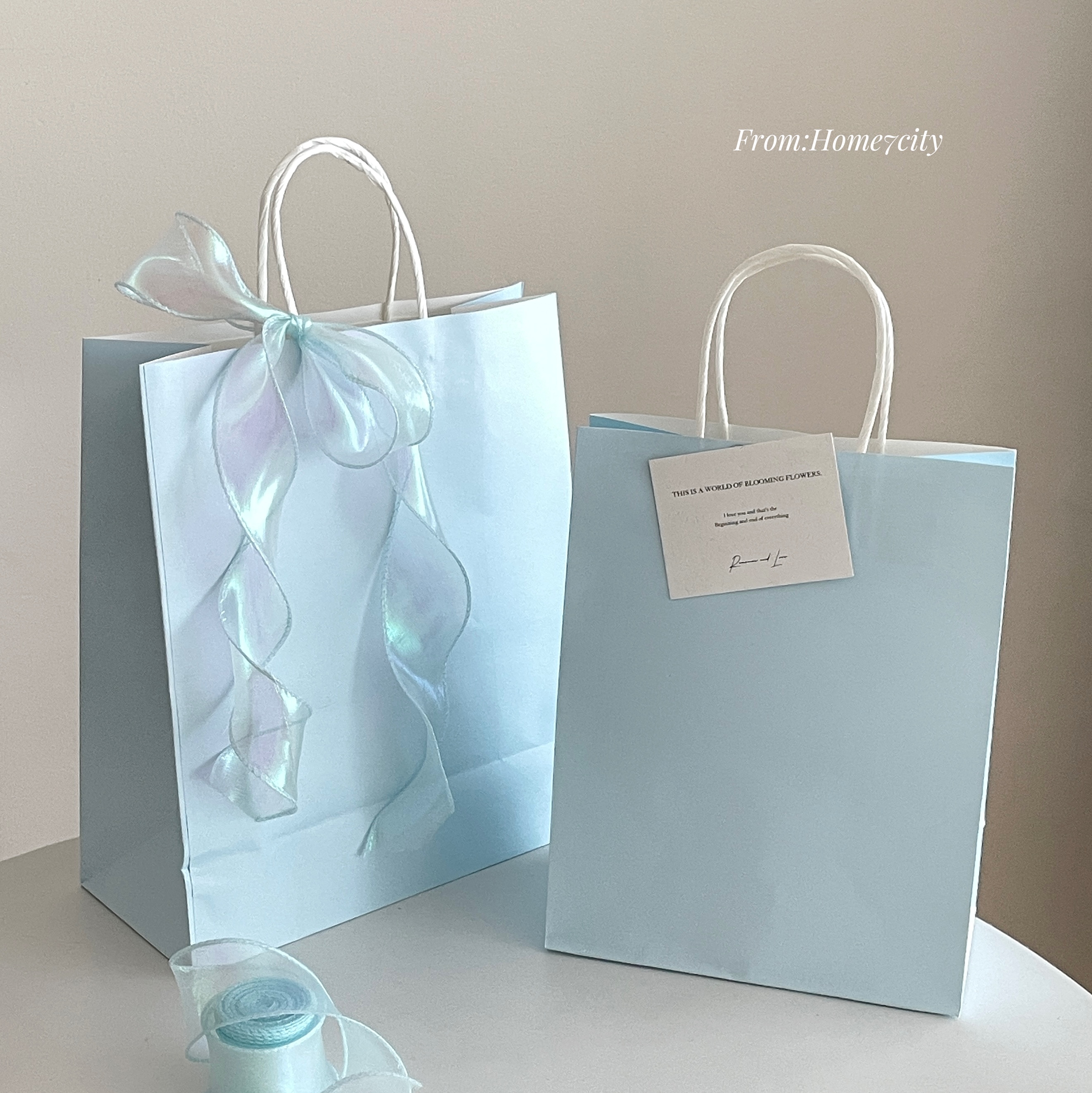 ins浅蓝色纯色牛皮纸手提袋大号加厚礼品袋子配幻彩纱丝带打包袋