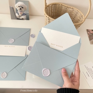浅蓝色系雾面质感信封贺卡套装简约节日礼品卡祝福语卡片送男友