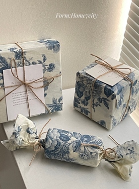 复古风蓝色牡丹雪梨纸礼物包装纸节日礼品装饰纸惊喜生日礼物包装