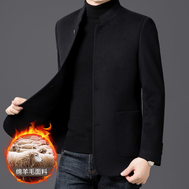 黑色立领短款羊毛呢夹克中年男秋冬商务休闲中式纯色呢子外套上衣