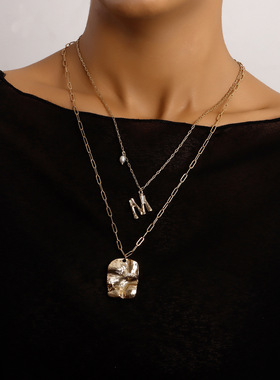 双层异形字母吊坠项链女