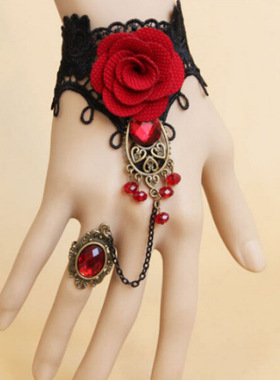 复古红色玫瑰花洛丽塔蕾丝手链
