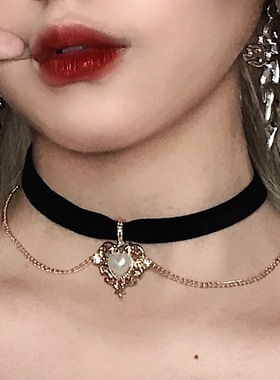 choker金色桃心丝绒水滴锁骨链