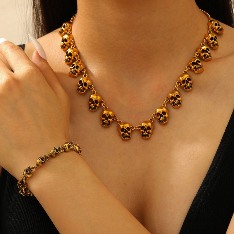 万圣节骷髅头项链手链套装女欧美夸张骷髅锁骨链暗黑哥特饰品