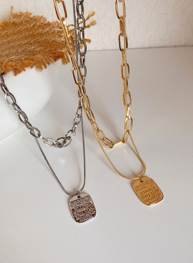 韩国双层叠戴方牌吊坠项链简约冷淡风金属毛衣链欧美嘻哈颈链饰品