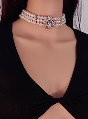 水晶镶钻多排珍珠项链女
