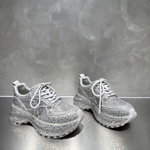 欧洲站女鞋2026年早春新款欧货真皮烫钻时尚休闲亮晶晶厚底老爹鞋