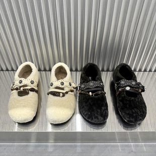 欧货羊羔毛加绒保暖低跟平底玛丽珍鞋 新款 2025年冬季 欧洲站女鞋