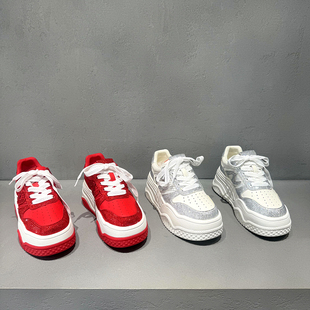 欧洲站女鞋2026早春新款欧货真皮烫钻时尚休闲鞋圆头厚底透气板鞋