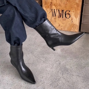 欧洲站WM6真皮马丁靴女2025年秋季 欧货胎牛皮尖头高跟短靴 新款