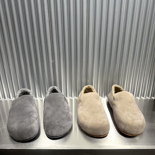 乐魔加绒女鞋欧洲站2025年冬季新款欧货磨砂皮圆头厚底羊毛乐福鞋