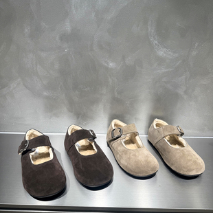 欧货磨砂皮羊羔毛皮带扣浅口玛丽珍勃肯鞋 新款 2025冬季 欧洲站女鞋