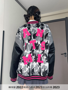 2MCRAZY字母毛巾绣迷彩棒球服外套女秋季宽松国潮设计感夹克