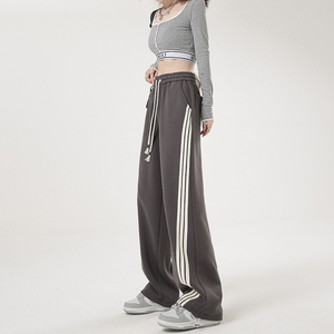 灰色运动裤女春秋2024新款高腰垂感美式宽松显瘦休闲阔腿直筒卫裤
