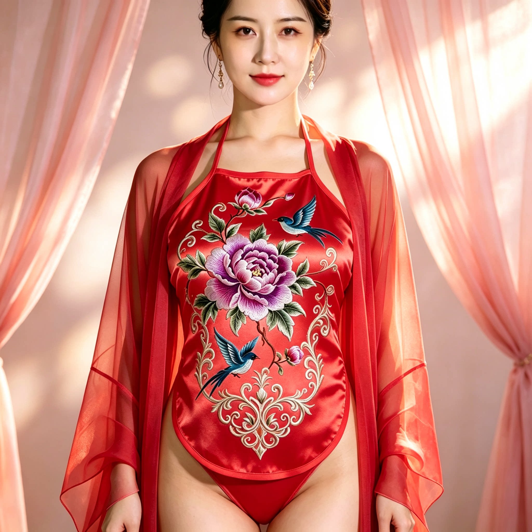 新中式国风牡丹飞鸟印花红肚兜单肚兜