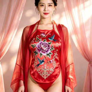 新中式国风牡丹飞鸟印花红肚兜单件女士古风挂脖肚兜性感居家睡衣