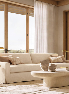 现代简约美国Rh家具双人沙发法式乡村复古亚麻布艺可拆洗三人沙发