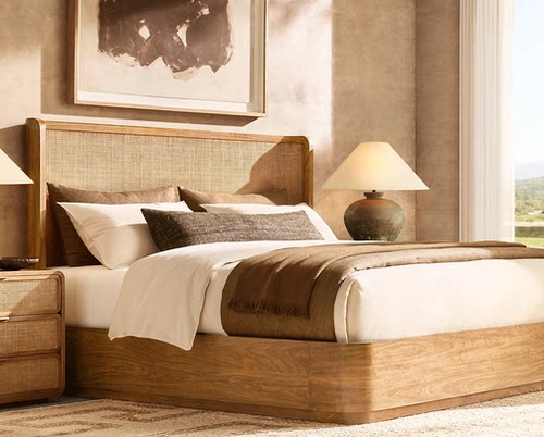 美国Rh双人床藤艺亚麻实木简约