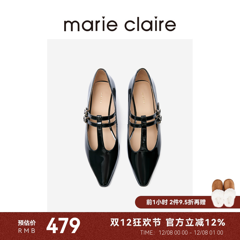 T带尖头时尚漆面玛丽珍鞋单鞋