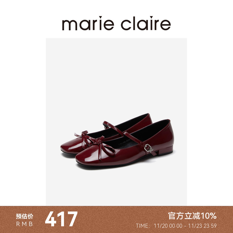 MC女鞋樱桃红牛皮方头低跟蝴蝶结玛丽珍鞋夏季marieclaire女鞋