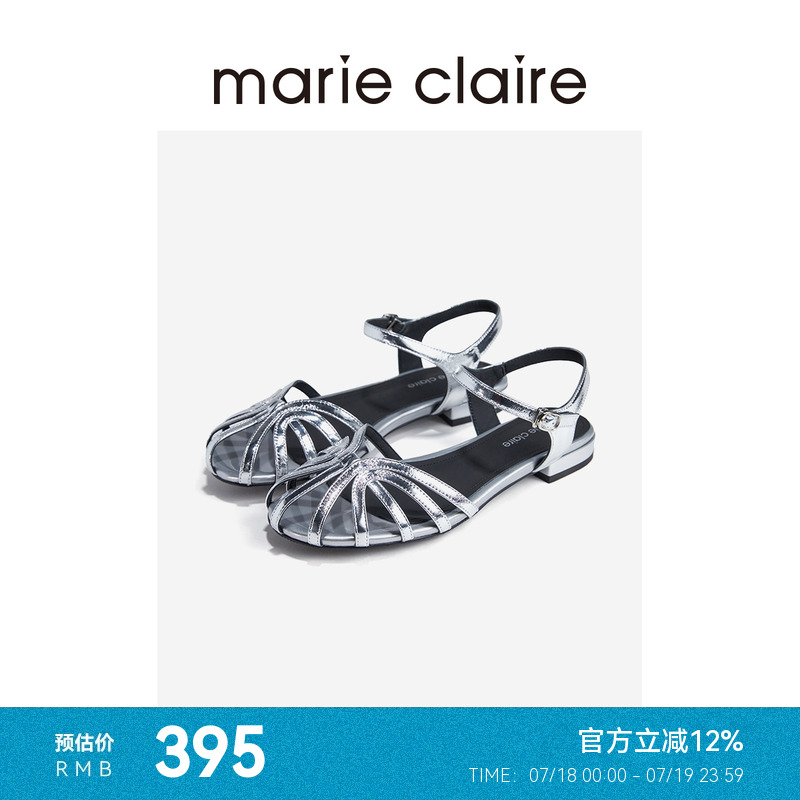 MC女鞋流光银金属牛皮复古细带凉鞋圆头罗马凉鞋marieclaire女鞋