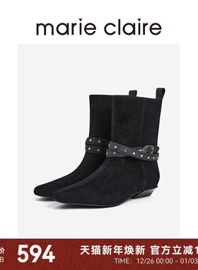 MC女鞋boho扣带宽筒靴2025年冬季新款尖头短靴女marieclaire女鞋