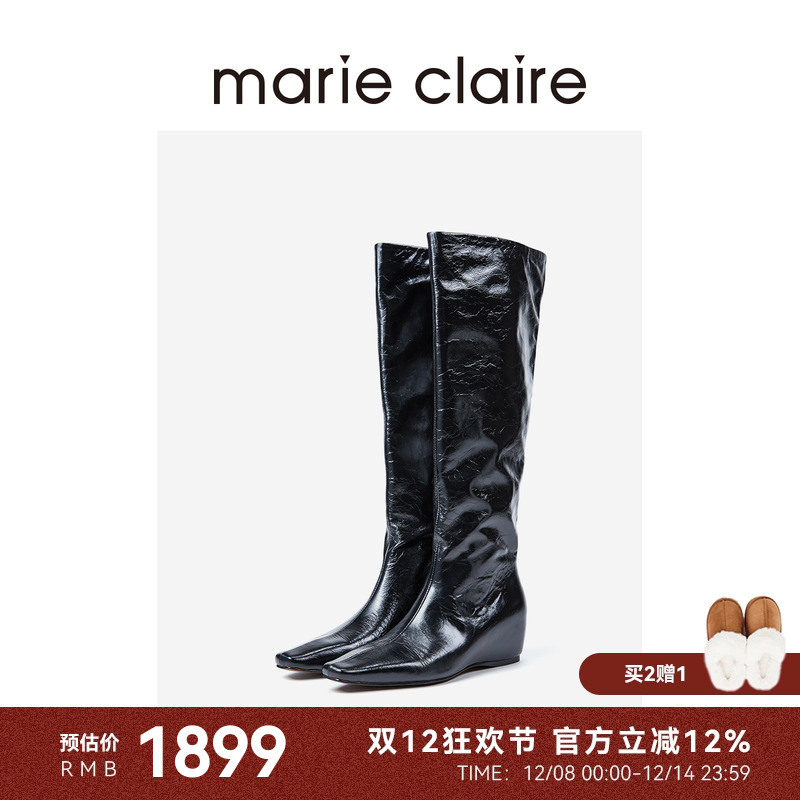 MC女鞋内增高宽筒长靴2025年冬午夜巴黎黑骑士靴marieclaire女鞋
