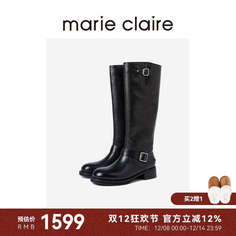 MC女鞋双扣宽筒骑士靴2025年冬季新款圆头长筒靴marieclaire女鞋